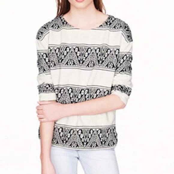 J. Crew Sweaters - J. Crew Jacquard Sweatshirt Womens Small White Black Tapestry Lightweight 3/4